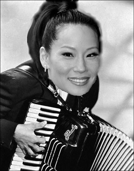 I think she looks like this with an accordion