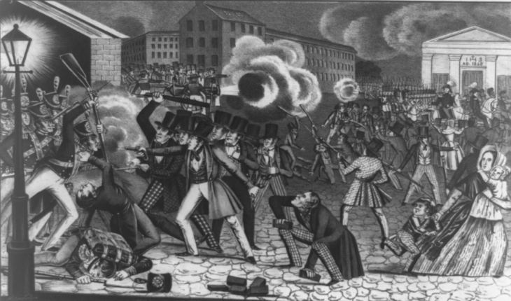 Drawing of a mob scene with top-hatted citizens firing pistols amid general mayhem