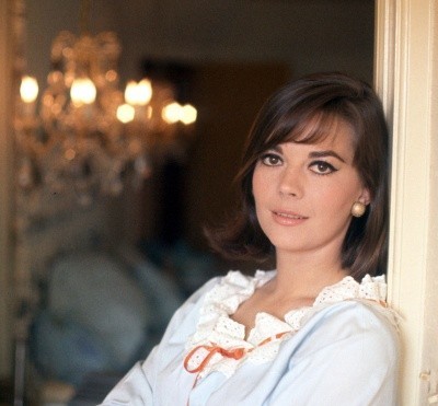 Natalie Wood photo, with her in a white blouse and short dark hair, in her late 30s or early 40s