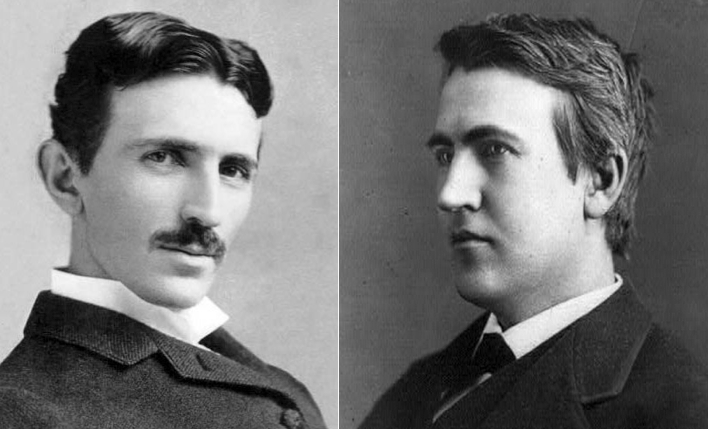 A photo of Nikola Tesla face-to-face with a photo of Thomas Edison