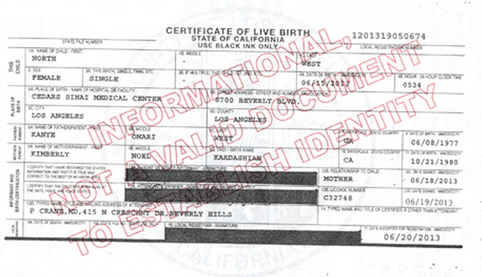 A photo of North West birth certificate, showing her birth on June 15, 2013