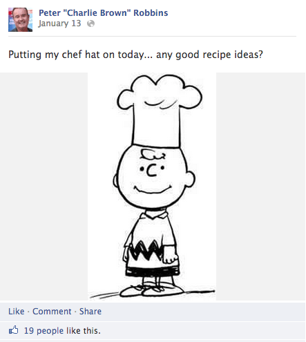 A cartoon of Charlie Brown in a chef's hat with the words 'Any ideas for good recipes?'