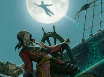 A pirate looks over the deck at a boy flying past the moon