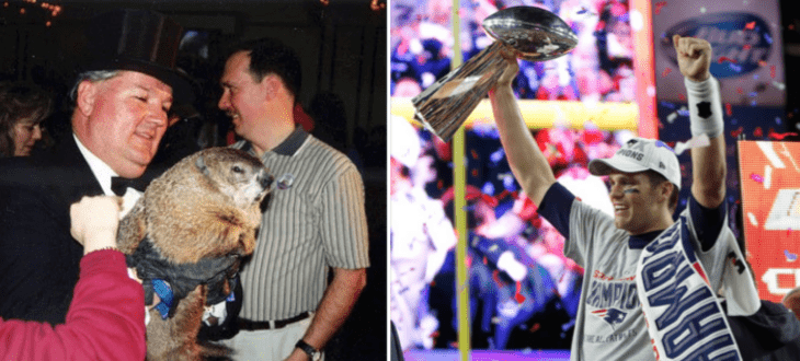 A photo of groundhog Punxsutawney Phil next to a photo of Tom Brady holding up NFL trophy)