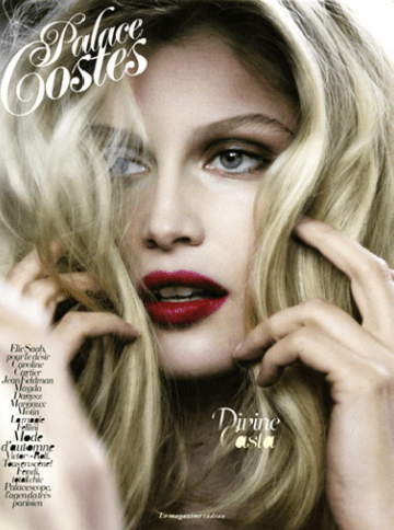 Magazine ad with Laetitia Casta in tousled honey-blonde hair and deep red lipstick