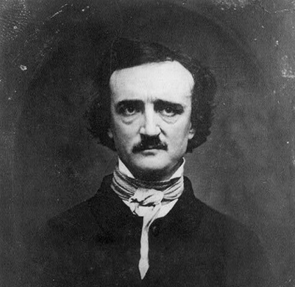 A photo of Edgar Allan Poe, looking scrawny in black, with deep-set eyes and major, major eye bags