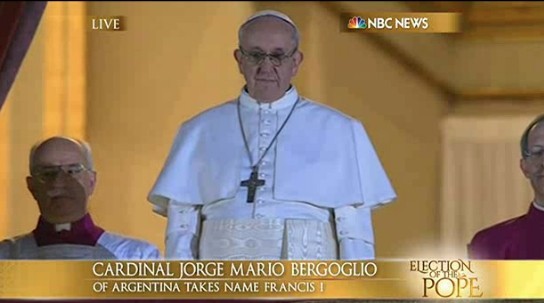 Pope Francis I photo, standing on the balcony in white robes looking down at the crowds