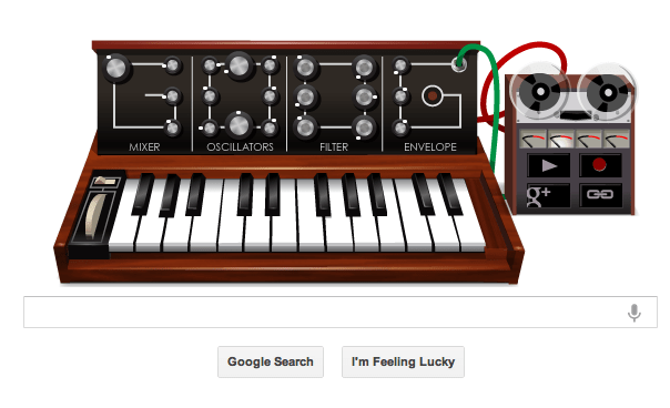 The Google Doodle logo for Robert Moog, with a playable synthesizer keyboard and 'Google' spelled in knobs