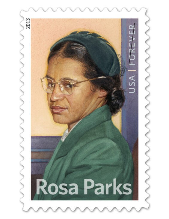 Rosa Parks postage stamp, with parks in a green jacket looking calmly over her shoulder