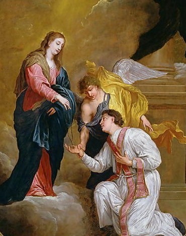 This painting shows Saint Valentine in a dreamy, cloudy spot, reaching up as the Virgin Mary drops a rosary in his hand almost like you'd drop car keys to a valet