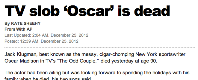 A New York Post headline reads 'TV Slob Oscar is Dead'