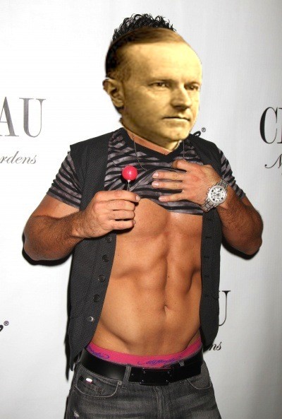 A photo of Mike Sorrentino showing his abs, with the head of Calvin Coolidge superimposed over his