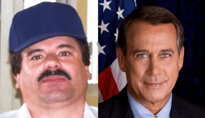 A blurry photo of Joaquin Guzman in a baseball cap next to an official photo of John Boehner in front of the US flag