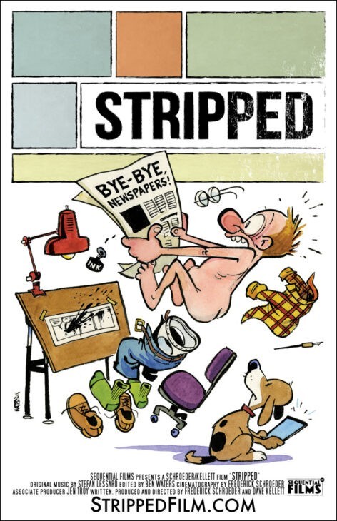 Poster of a cartoonist shocked out of his clothes by a news headline reading 'Bye-Bye Newspapers'
