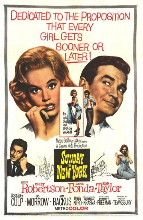 Movie poster for 'Sunday in New York,' with Jane Fonda in a slip and various jokey lines about wicked propositions 