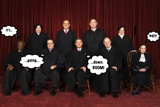 A photo of the U.S. Supreme Court in 2012, with the conservative members thinking, 