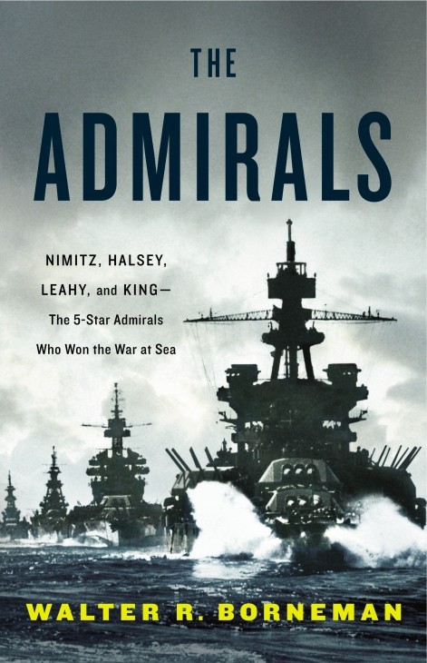 The cover of the book 'The Admirals,' showing a line of big old battleships crashing through waves