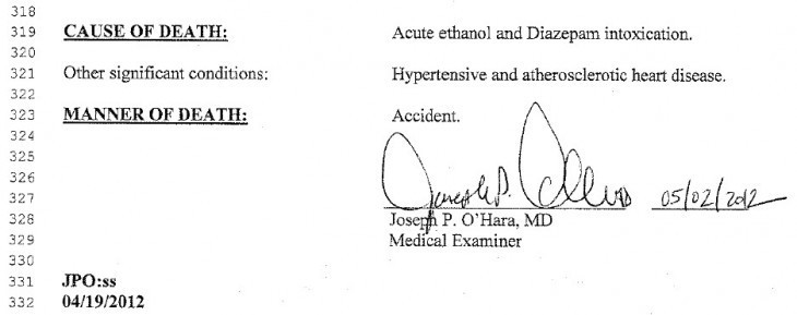 A copy of Thomas Kinkade's death certificate, stating 'acute ethanol and Diazepam intoxication'