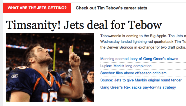 Photo of Tim Tebow in the New York Post with the headline TIMSANITY