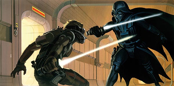Drawing of Darth Vader fighting Luke Skywalker with light sabers