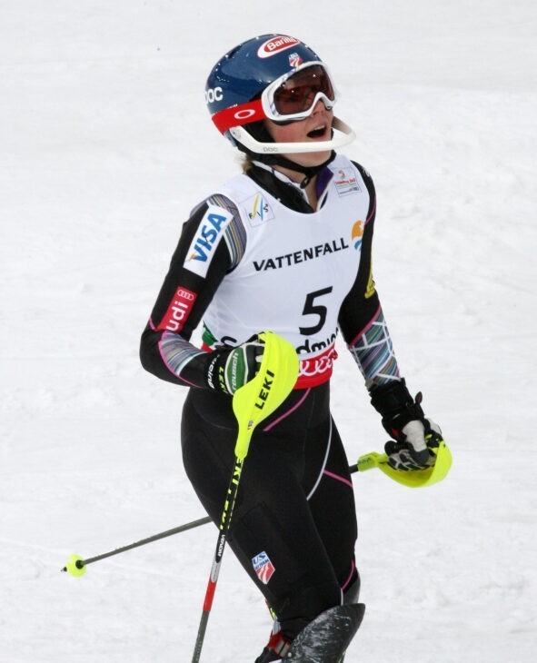 Mikaela Shiffrin photo, with the young skiier reacting to her time on the ski slopes