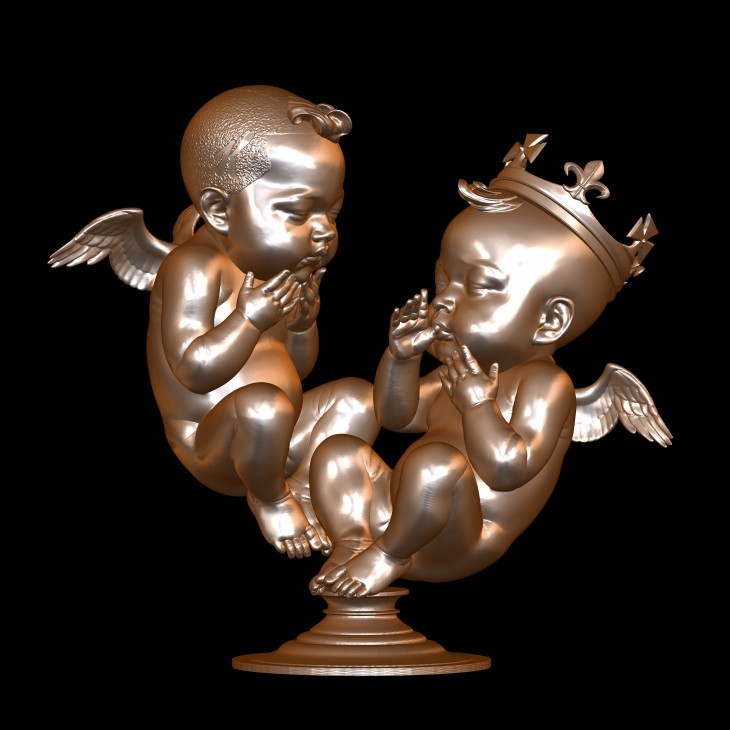 Photo of North West and unnamed royal baby, in bronze as fetuses with wings, one baby with a crown