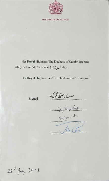 Official birth announcement of the Prince of Cambridge, on Buckingham Palace stationery