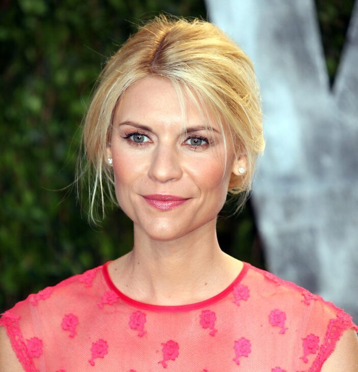 Photo of Claire Danes with her hair up and in a pink sheer dress