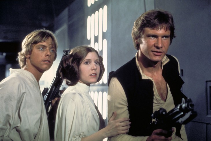 Mark Hamill, Carrie Fisher and Harrison Ford in the original Star Wars in 1977.