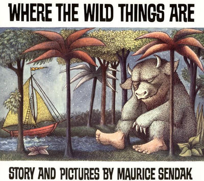 The cover of the 'Where the Wild Things Are' book, with a monster drowsing on an island with a sailboat arriving