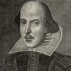 Photo of William Shakespeare in a crazy wide white starched collar, embroidered coat, bags under his eyes and bald pate with long hair down past his ears on each side