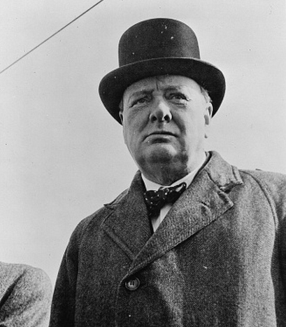A photo of Winston Churchill, looking stern in a bowler hat and rough wool coat