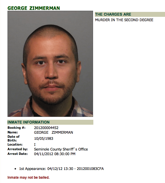 A mug shot of George Zimmerman, plus notes mentioning his year of birth and other details
