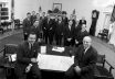 President Johnson poses with members of his staff, including Rostow, front right, during his final weeks in office in 1969.
