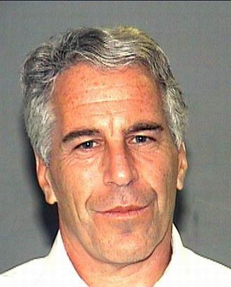 Jeffrey Epstein, with silver hair and a white open-collar shirt, smiles grimly for the police camera