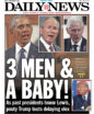 The NY Daily News cover has photos of Barack Obama, George Bush, and Bill Clinton speaking at the funeral of civil rights leader John Lewis. Below is a photo of Trump with the subhead, 'As past presidents honor Lewis, pouty Trump touts delaying elex.'