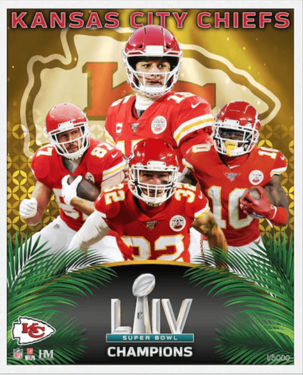 A poster celebrating Super Bowl LIV, with Patrick Mahomes throwing the ball, surrounded by other players