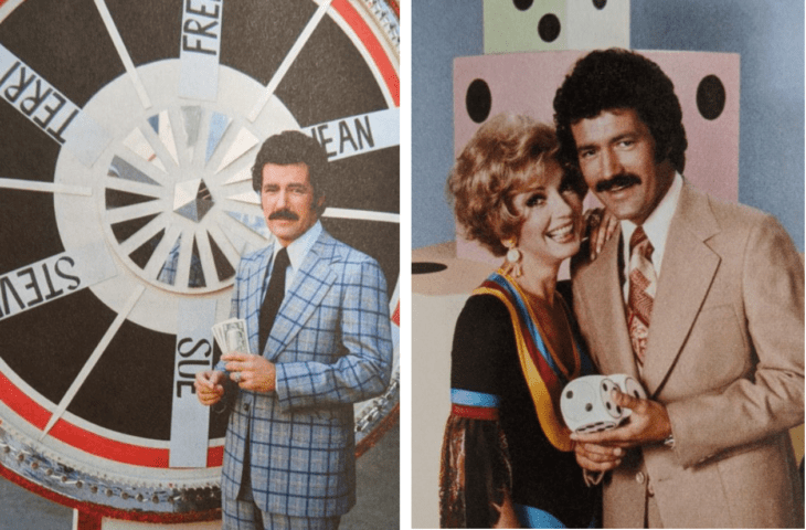 At left, Alex Trebek stands in front of a big spinning wheel with contestants names on it, in a very crazy plaid suit; at right, he holds a softball-sized pair of dice as he leans in with a smiling woman