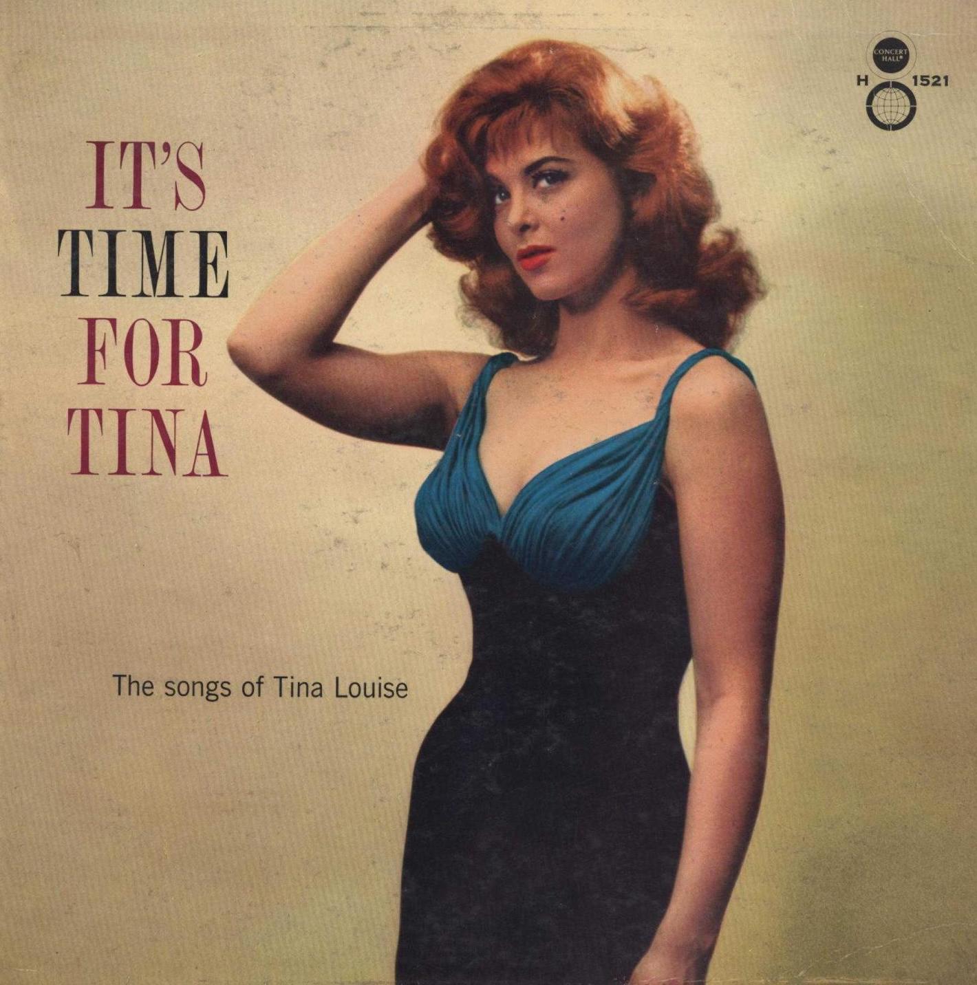Tina Louise wears a va-va-voom dress and puts her hand to her red hair next to the title IT'S TIME FOR TINA and the subhead "The Songs of Tina Louise."