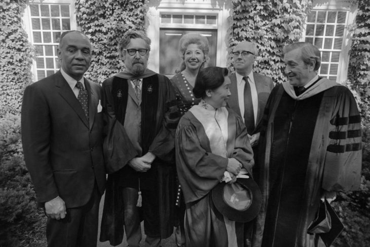 Six of the seven honorary degree recipients at Harvard University's 323rd Commencement 6/13, meet in front of President Bok's home prior to receiving their degrees. Left to right are: Ralph Ellison, Doctor of Letters; Clifford Geertz of Princeton University, Doctor of Laws; Beverly Sills (rear center), Doctor of Music; Mstislav Rostropovich, Doctor of Music; Jerome Weisner (right), President of M.I.T.; and Chien-Shiung Wu (front center), Professor at Columbia University, Doctor of Science.