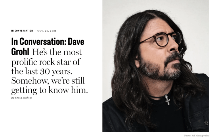 The teaser image for a Dave Grohl interview, with his photo and the words "In Conversation: Dave Grohl"
