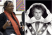 Side-by-side photos of bell hooks (a black woman in a classroom, holding a microphone and pen) and Evel Knievel (looking through the skeleton of a shark's jawbone)