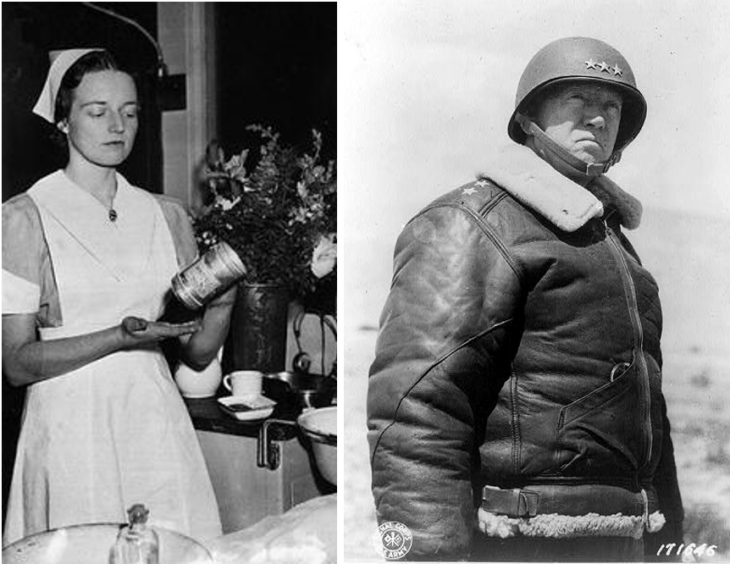 Side-by-side shots of George Patton and Jean Gordon: she in a nurse's outfit, he in a puffy coat and military helmet