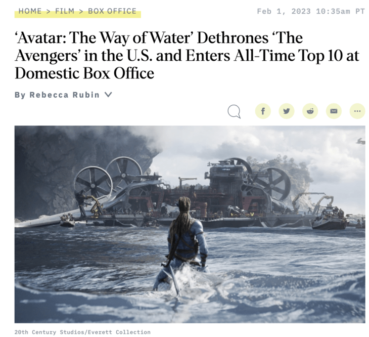A news story headline about Avatar breaking boxoffice records