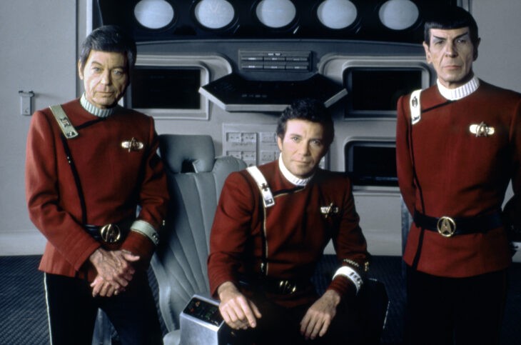 American actors DeForest Kelley, Leonard Nimoy and Canadian William Shatner on the set of Star Trek: The Wrath of Khan, directed by Nicholas Meyer. (Photo by Paramount Pictures/Sunset Boulevard/Corbis via Getty Images)