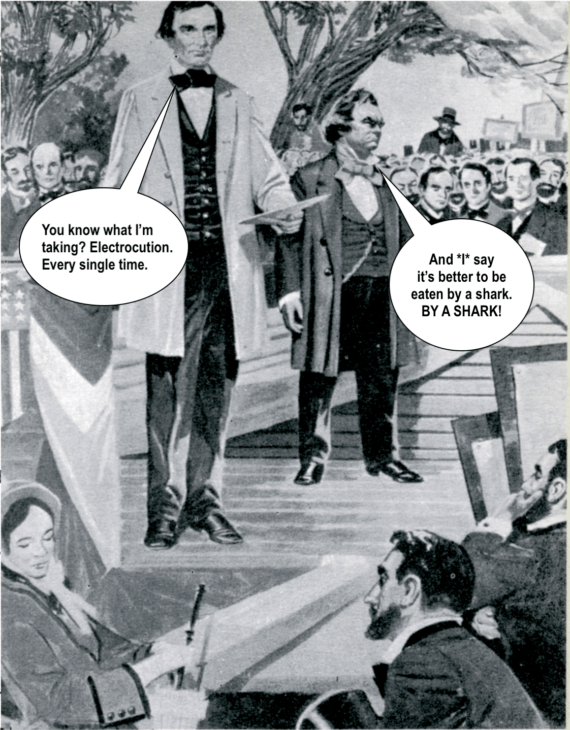 An old image of the Lincoln-Douglas debates, but now with the two men arguing over sharks vs. electrocution
